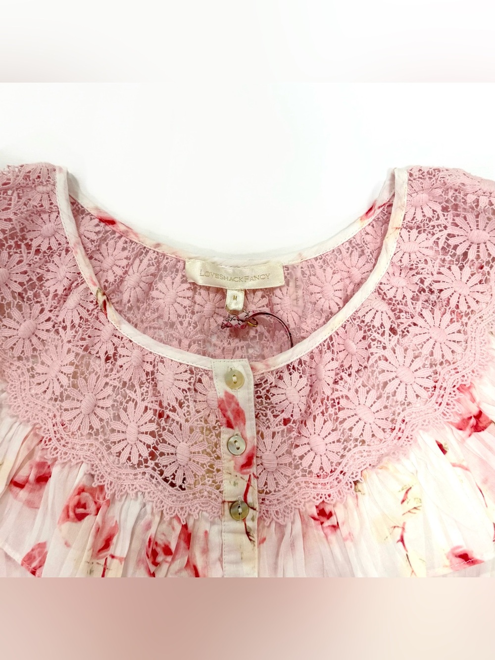 NWT LoveShackFancy Pink & Cream Floral Ruffled Cropped Blouse | Size M - Picture 5 of 6